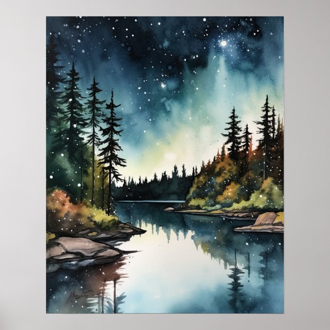 Star Lake Watercolor Landscape Art Print Poster (Front)