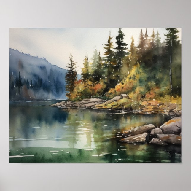 Star Lake Watercolor Landscape Art Print Poster (Front)