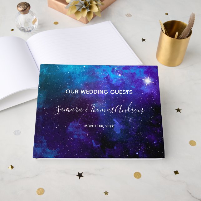 Star Light Blue Sky Wedding Guest Book (Front Open)