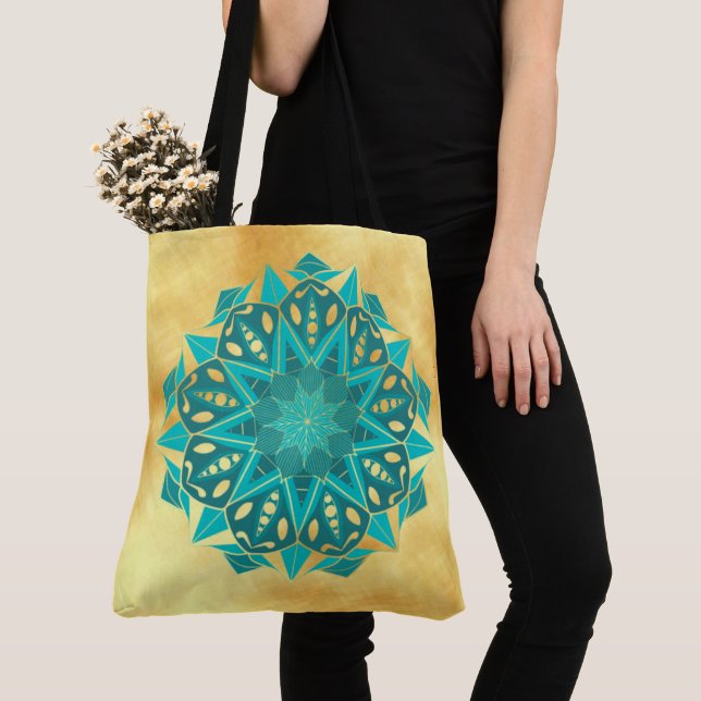 Star Mandala Blue Gold Tote Bag (Close Up)