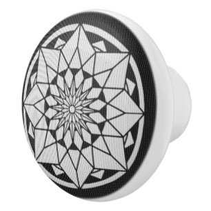 Star Mandala knitting black & white Ceramic Knob