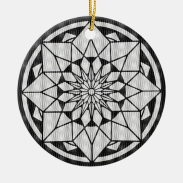 Star Mandala knitting black & white Ceramic Tree Decoration (Front)