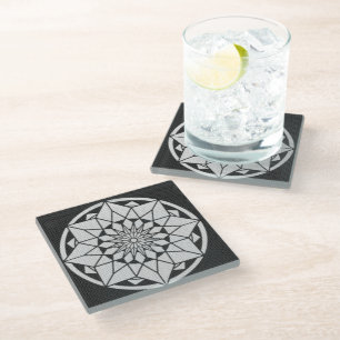 Star Mandala knitting black & white Glass Coaster
