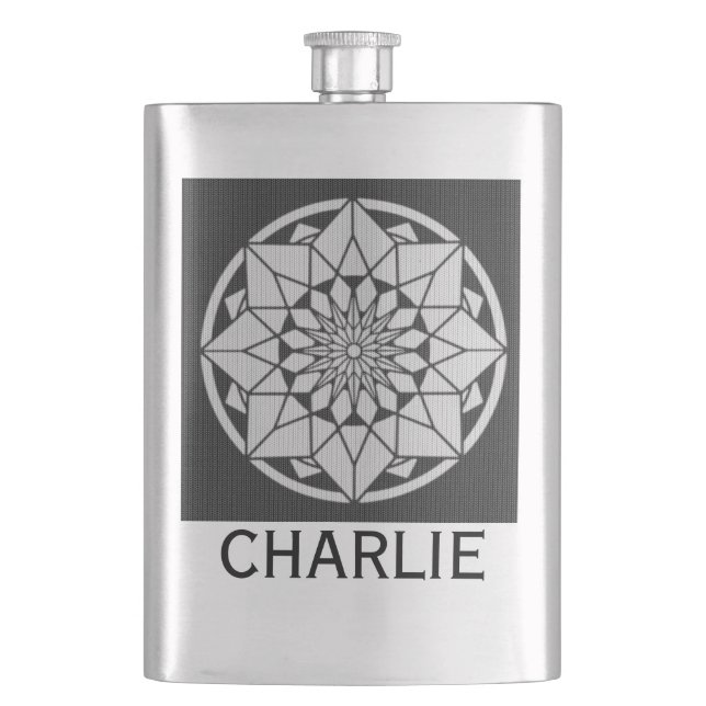 Star Mandala knitting black & white Hip Flask (Front)