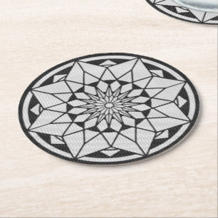 Star Mandala knitting black & white Round Paper Coaster