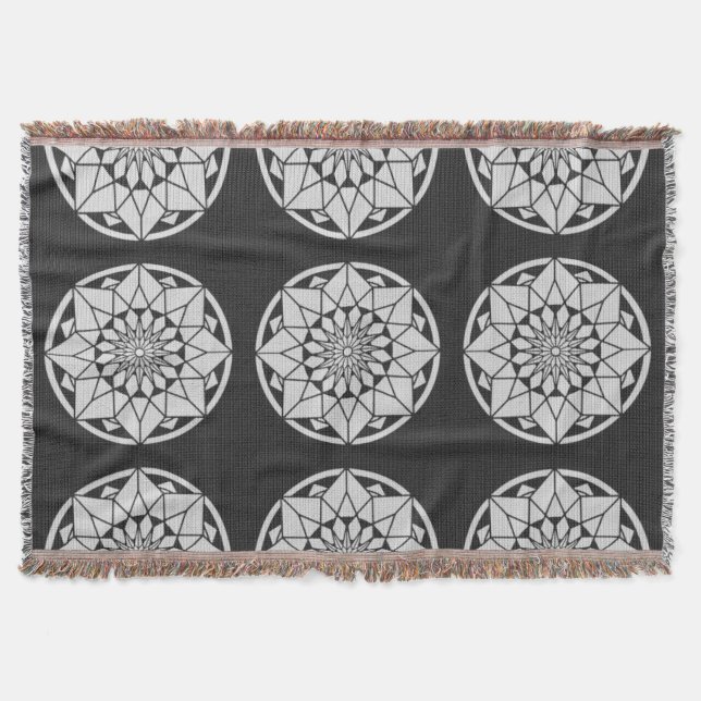 Star Mandala knitting black & white Throw Blanket (Front)