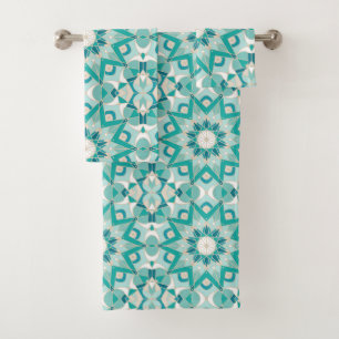 Star Mandala Pattern, Aqua, Turquoise, Cream Bath Towel Set