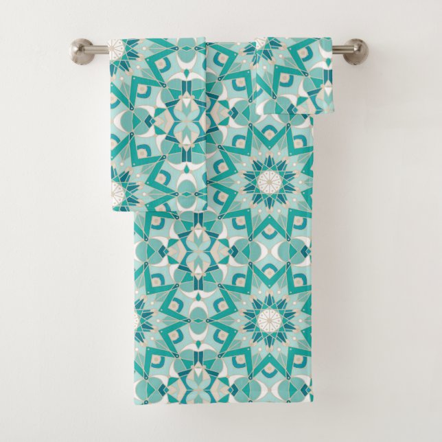 Star Mandala Pattern, Aqua, Turquoise, Cream Bath Towel Set (Insitu)