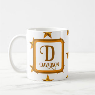 Star Monogram Initial Orange Gold Family Name Coffee Mug