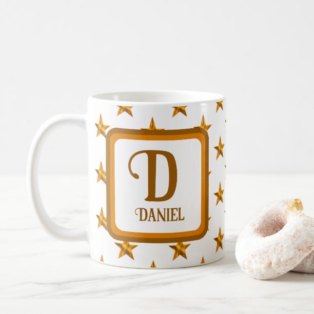Star Monogram Initial Orange Gold First Name Coffee Mug (With Donut)