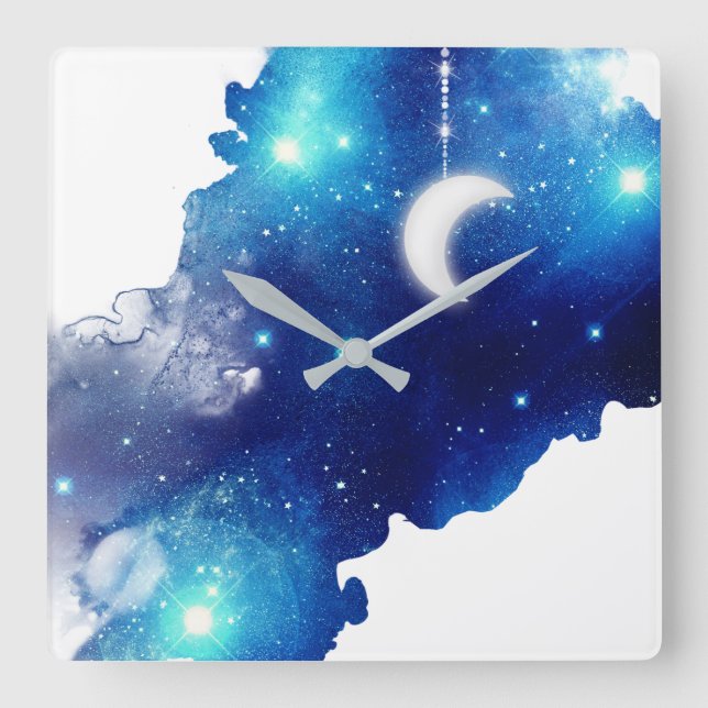 Star moon night sky celestial galaxy blue white square wall clock (Front)