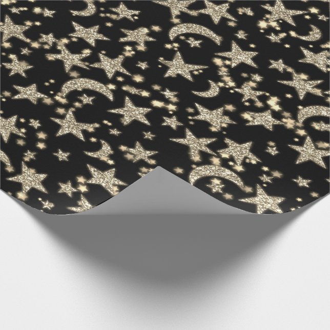Star Moon Spark Night Galaxy Black Champaigne Gold Wrapping Paper (Corner)