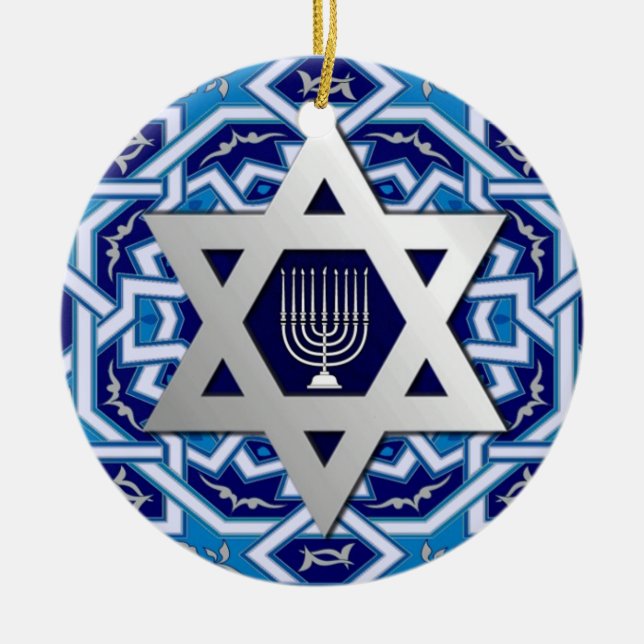 Star of David and Menorah Design Hanukkah Ornament (Front)
