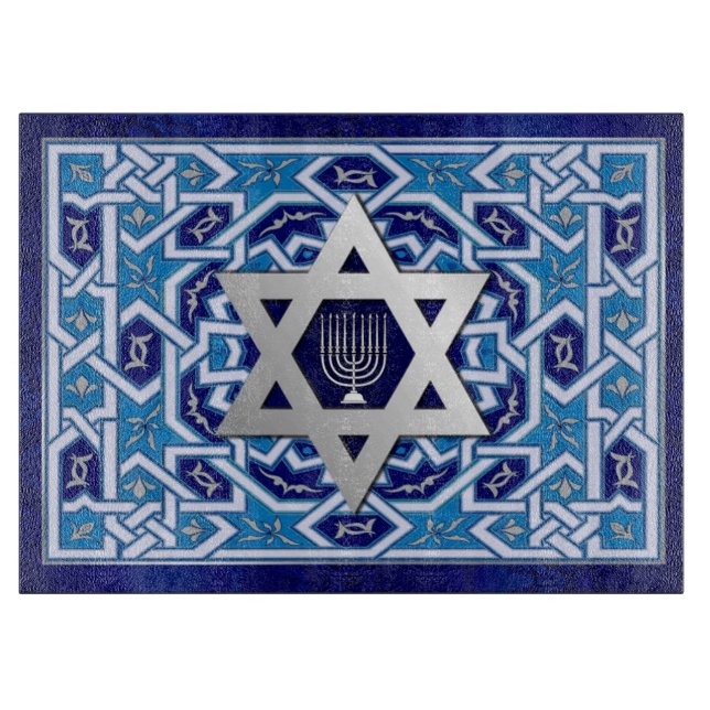 Star of David and Menorah Glass Cutting Board (Front)