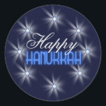 Star of David Array Blue SDAB Classic Round Sticker<br><div class="desc">This beautiful sticker design features eight sparkling Stars of David in an array around the text 'Happy Hanukkah'. Background is midnight blue circled by white shining stars.</div>
