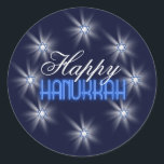 Star of David Array Blue SDAB Classic Round Sticker<br><div class="desc">This beautiful sticker design features eight sparkling Stars of David in an array around the text 'Happy Hanukkah'. Background is midnight blue circled by white shining stars.</div>