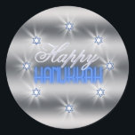 Star of David Array Silver SDAX Classic Round Sticker<br><div class="desc">This beautiful sticker design features eight sparkling Stars of David in an array around the text 'Happy Hanukkah'. Background is a silver gradient circled by white shining stars.</div>