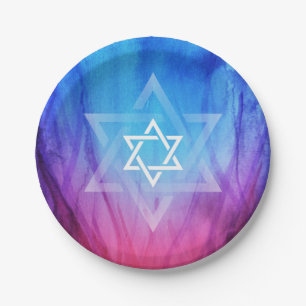 Star of David Bar Bat Mitzvah   Blue Red Flames Paper Plate