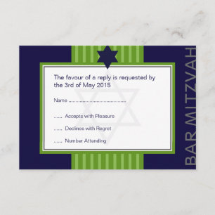 Star of David Bar Mitzvah green & blue ribbon RSVP Card