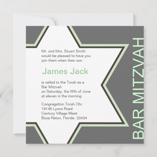 Star of David Bar Mitzvah Green & Grey 2 Invitation (Front)