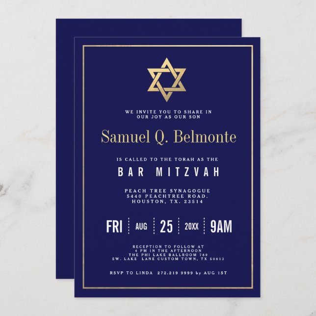 Star of David Bar Mitzvah Navy Invite w Address (Front/Back)