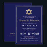 Star of David Bar Mitzvah Navy Invite w Address<br><div class="desc">A  dark navy colour bar mitzvah invitation featuring a faux gold border(non gold foil) and star of David towards the top. w/ Address</div>