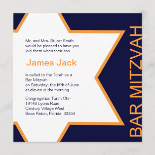 Star of David Bar Mitzvah Orange & Blue Invitation