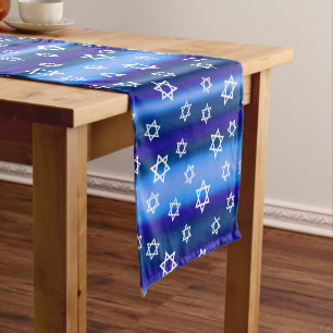 Star of David Blue Striped Jewish Israel Decor Short Table Runner