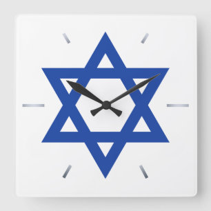 Star of David Blue White Hour Hands Square Wall Clock