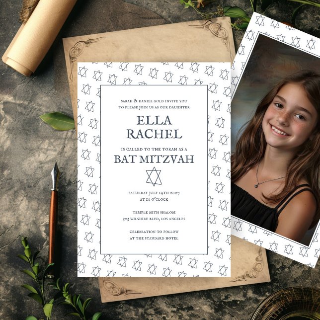 Star of David B'nai Bat Bar Mitzvah Custom Photo  Invitation (Star of David B'nai Bat Bar Mitzvah Custom Photo Invitation Simple Minimalist Elegant)