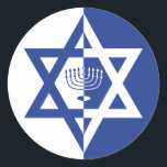 Star of David & chanukiah Hanukkah holiday blue Classic Round Sticker<br><div class="desc">Star of David Hanukkah holiday blue and white sticker featuring the Star of David and the Hanukkah menorah or candelabrum in blue and white in positive negative space style.</div>