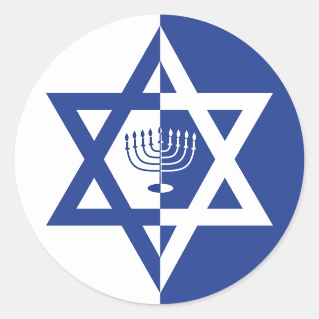 Star of David & chanukiah Hanukkah holiday blue Classic Round Sticker (Front)