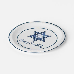 Star of David Classic Blue Modern Happy Hanukkah Paper Plate
