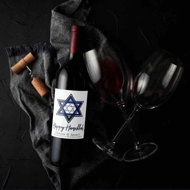 Star of David | Classic Blue Modern Happy Hanukkah Wine Label (Creator Uploaded)