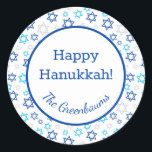 Star of David Classic Round Sticker<br><div class="desc">These fabulous gift tags would look great on all your Hanukkah gifts.  They are so modern yet classic with their blue,  turquoise and silver Stars of David in all different sizes.  And,  they are customisable with your family name.</div>