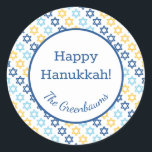 Star of David Classic Round Sticker<br><div class="desc">These fabulous gift tags would look great on all your Hanukkah gifts.  They are so festive with their Stars of David in blue and yellow.  Trendy yet traditional.  And,  they are customisable with your family name.</div>