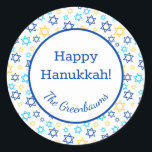 Star of David Classic Round Sticker<br><div class="desc">These fabulous gift tags would look great on all your Hanukkah gifts.  They are so modern yet classic with their blue,  turquoise and yellow Star of Davids in all different sizes.  And,  they are customisable with your family name.</div>