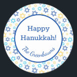 Star of David Classic Round Sticker<br><div class="desc">These fabulous gift tags would look great on all your Hanukkah gifts.  They are so modern yet classic with their blue,  turquoise and yellow Star of Davids in all different sizes.  And,  they are customisable with your family name.</div>