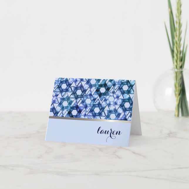 Star of David Damask Blue Tones Note Card (Front)