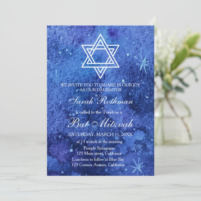 Star of David Elegant Simple Blue Bat Mitzvah Invitation (Standing Front)