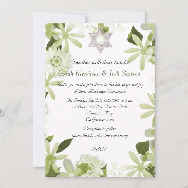 Star of David floral chuppah Jewish wedding Invitation (Front)