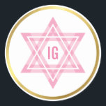 STAR OF DAVID gold circle pink monogram logo Classic Round Sticker<br><div class="desc">*** NOTE - THE SHINY GOLD FOIL EFFECT IS A PRINTED PICTURE A cute little LOVE sticker that can be used for any occasion - wedding, baby shower, birth announcement, graduation, anniversary, handmade craft items or clothing for small business packaging etc... TIPS 1. To change the main colour hit the...</div>