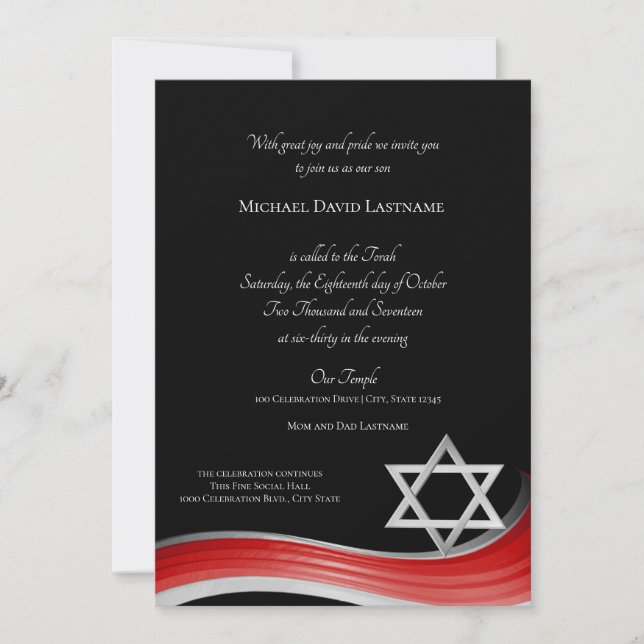 Star of David Gradient Red Bar Mitzvah Invitation (Front)