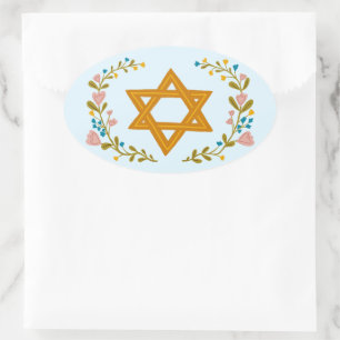 Star of David Hand-drawn Floral Jewish Custom Oval Sticker