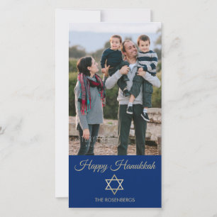 Star of David Happy Hanukkah Blue Family Photo Holiday Card