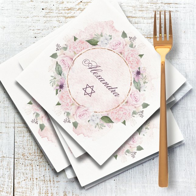 Star Of David Jewish Girl Baby Naming Pink Roses  Napkin (Creator Uploaded)