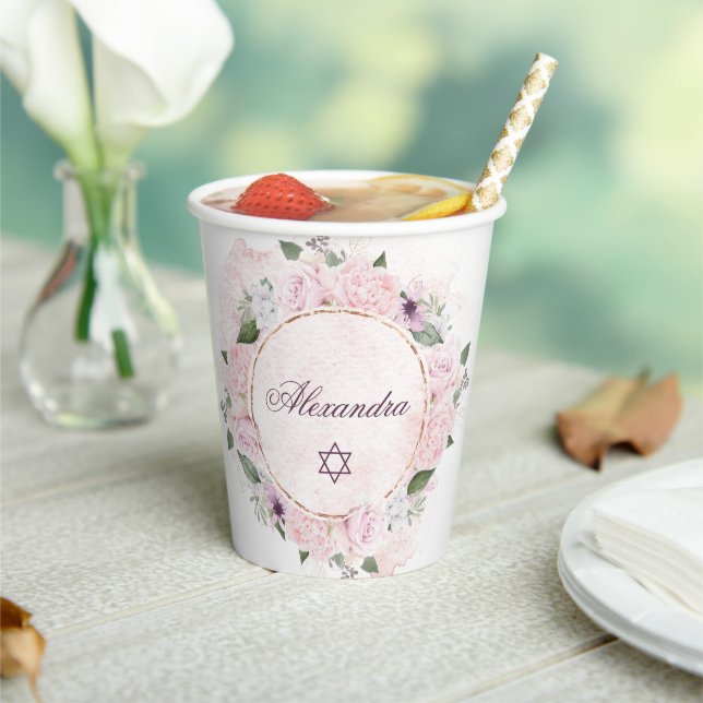 Star Of David Jewish Girl Baby Naming Pink Roses  Paper Cups (Insitu)