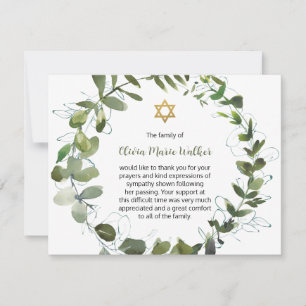 Star of David Jewish Greenery Wreath Funeral  Thank You Card