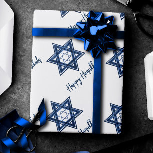 Star of David Pattern   Blue Modern Happy Hanukkah Wrapping Paper