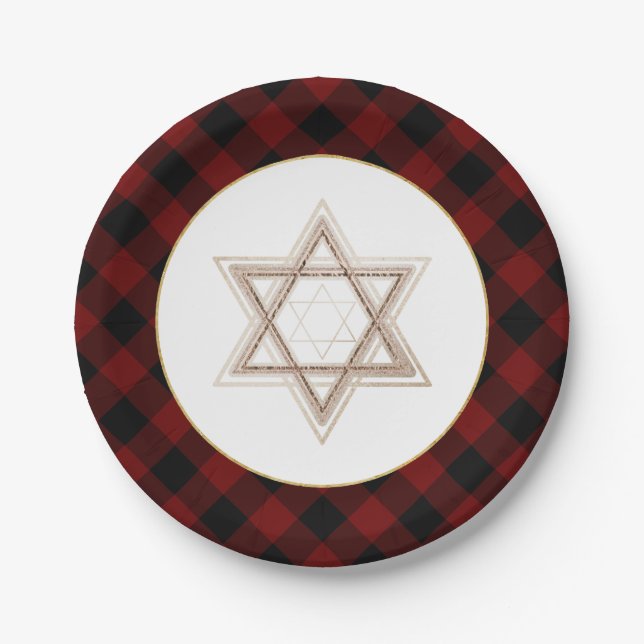 Star of David | Rustic Buffalo Red and Black Plaid Paper Plate (Front)